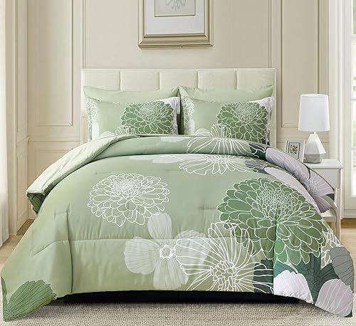 Miniatura 10 de Yiran Juego de edredón floral de 7 piezas de cama en una bolsa, juego de ropa de cama de microfibra suave tamaño King con 1 edredón, 1 sábana