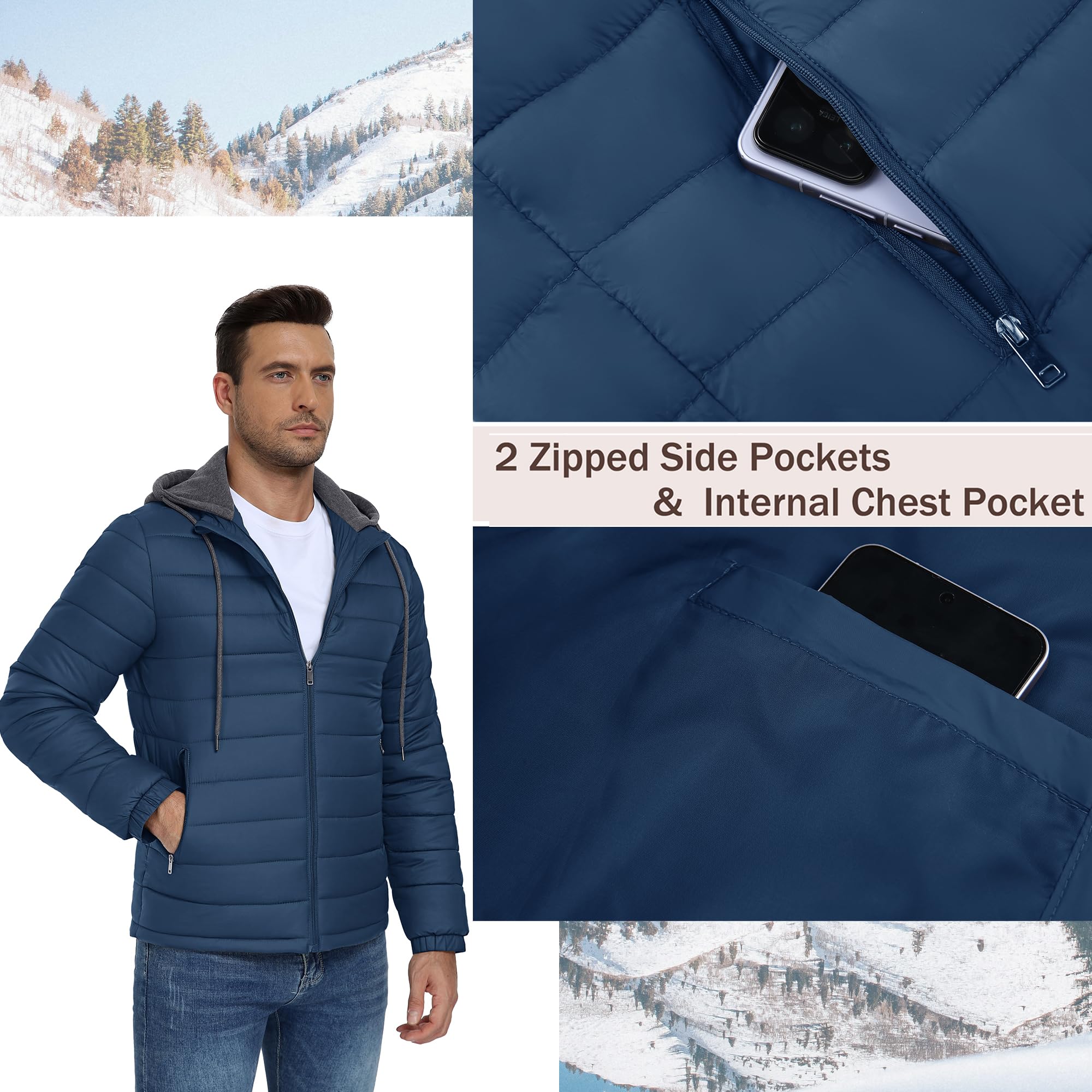 ZITY Herren Jacke Leichte übergangsjacke Frühling Herbst Steppjacke mit Kapuze Daunenjacke zum Wandern Campen Winddichte Winterjacke mit Reißverschluss