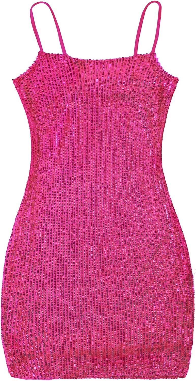 EXARUS Girls Sequin Dress Bodycon Spaghetti Strap Mini Sparkly Party Dance