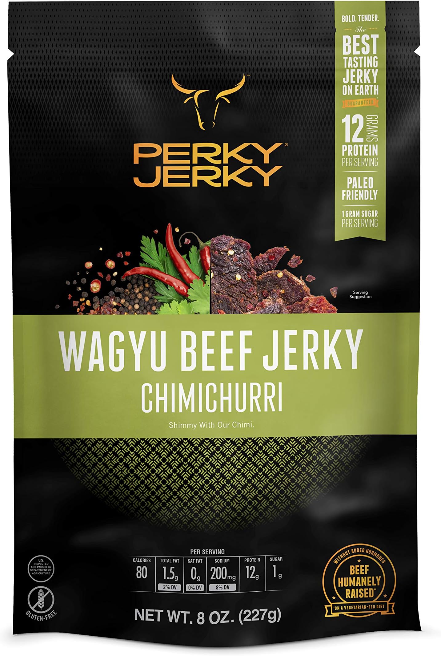 Chimichurri Wagyu Beef Jerky, 8oz - Antibiotic Free - 12g Protein - Keto Paleo - 100% U.S. Sourced - Handcrafted, Tender Texture, Bold Flavor
