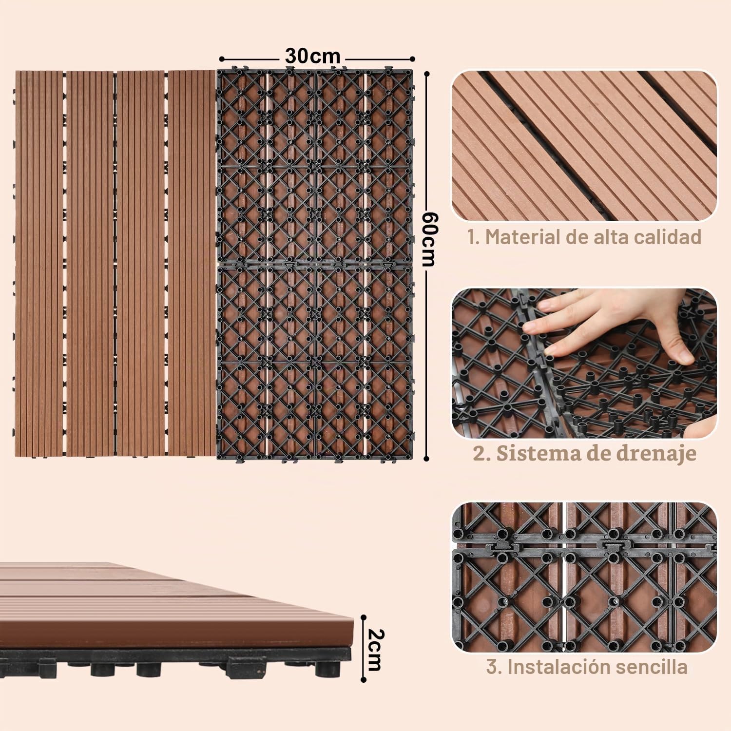 Lote de 60 losetas de terraza WPC - Marrón - 30 x 60 cm - 10 m² - Ideal para el exterior - Losetas enchufables para balcón, jardín y terraza - Simples, rápidas y prácticas