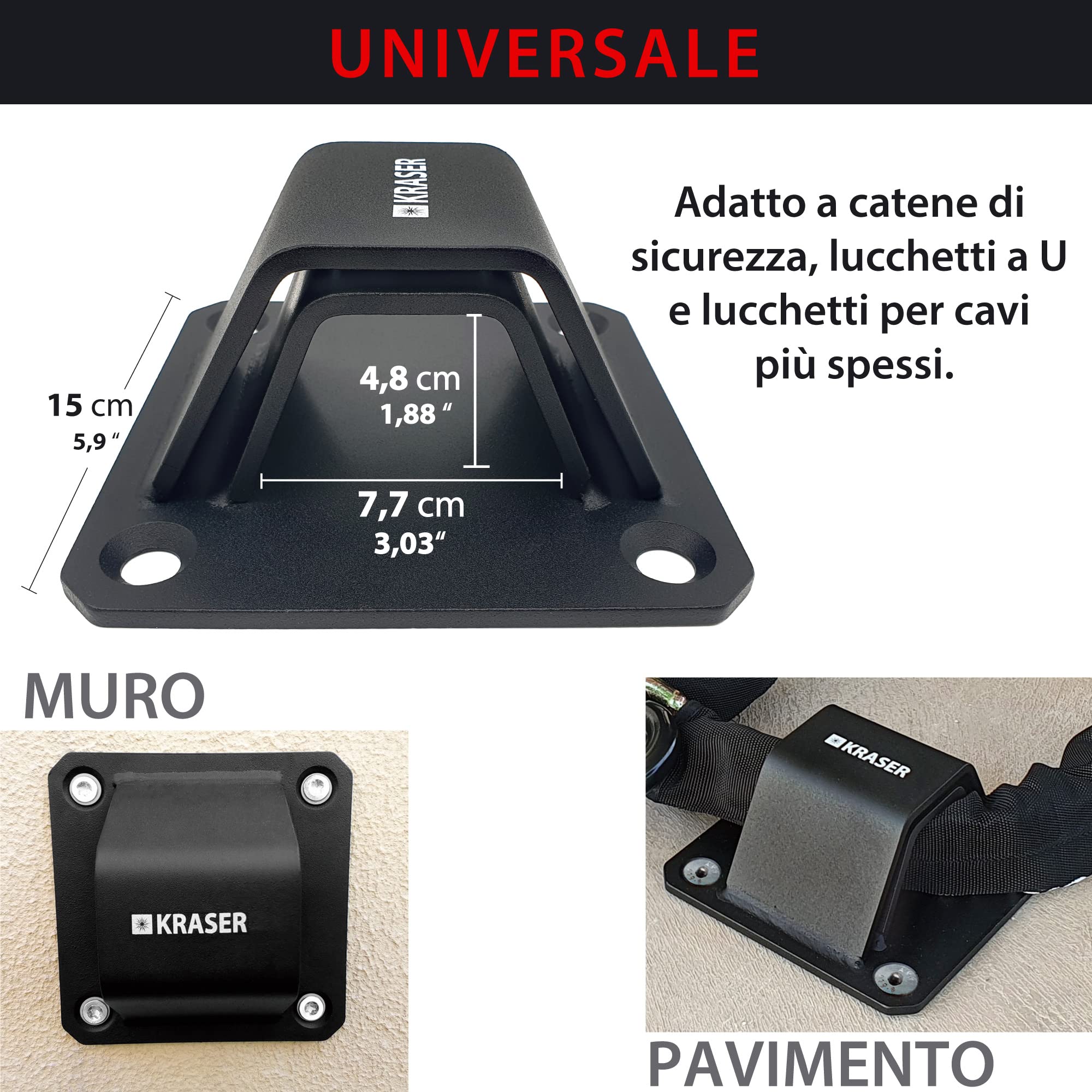 KRASER KR52B Antifurto a Pavimento o Muro in Acciaio ad Alta Resistenza Arco, Antiattacco + Base e 4 Punti di Ancoraggio, Vernice a Doppio Strato, Sicurezza Moto, Bici, Rimorchio