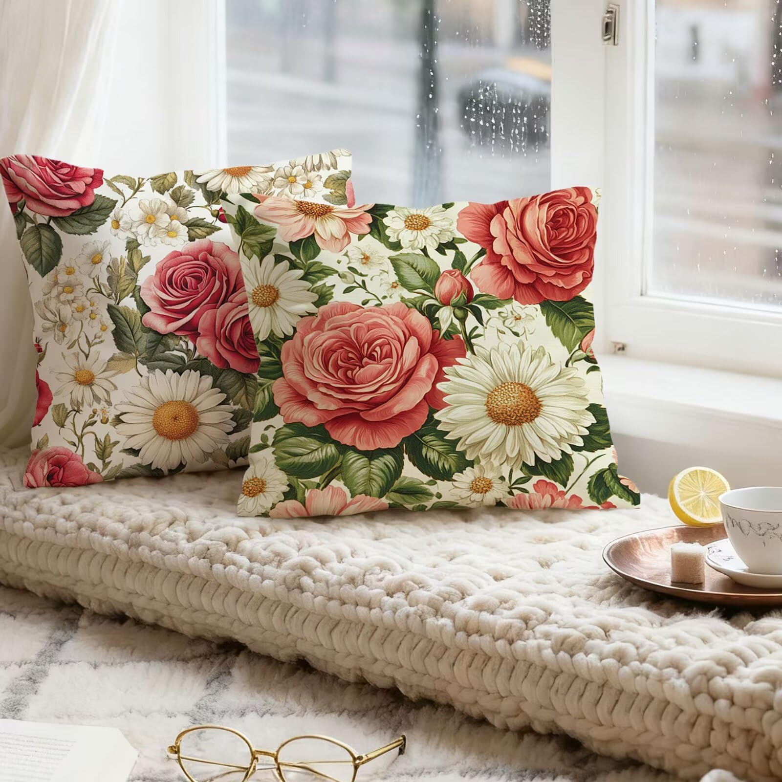Rose Housse Coussin 60x60 Fleur Taie Oreiller 60x60 Lot de 4 Super Doux Protege Oreiller 60 x 60 Decoration Automne Taie D'oreiller Carrées Coussin Canape, pour Maison Chambre Canapé Chaise E - 780
