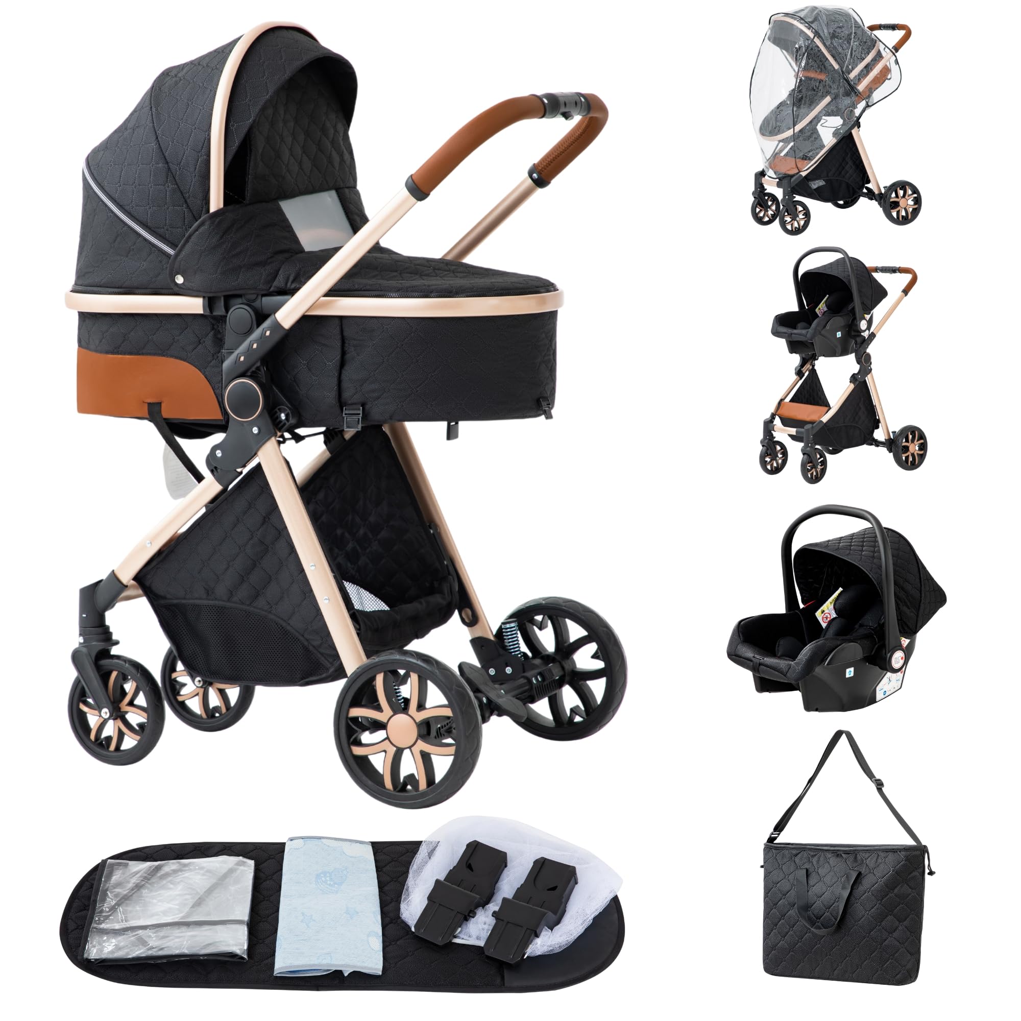 Poussette 3 en 1 pliable bébé 0-3 ans avec housse de pluie, moustiquaire et accessoires (LV9 Noir)