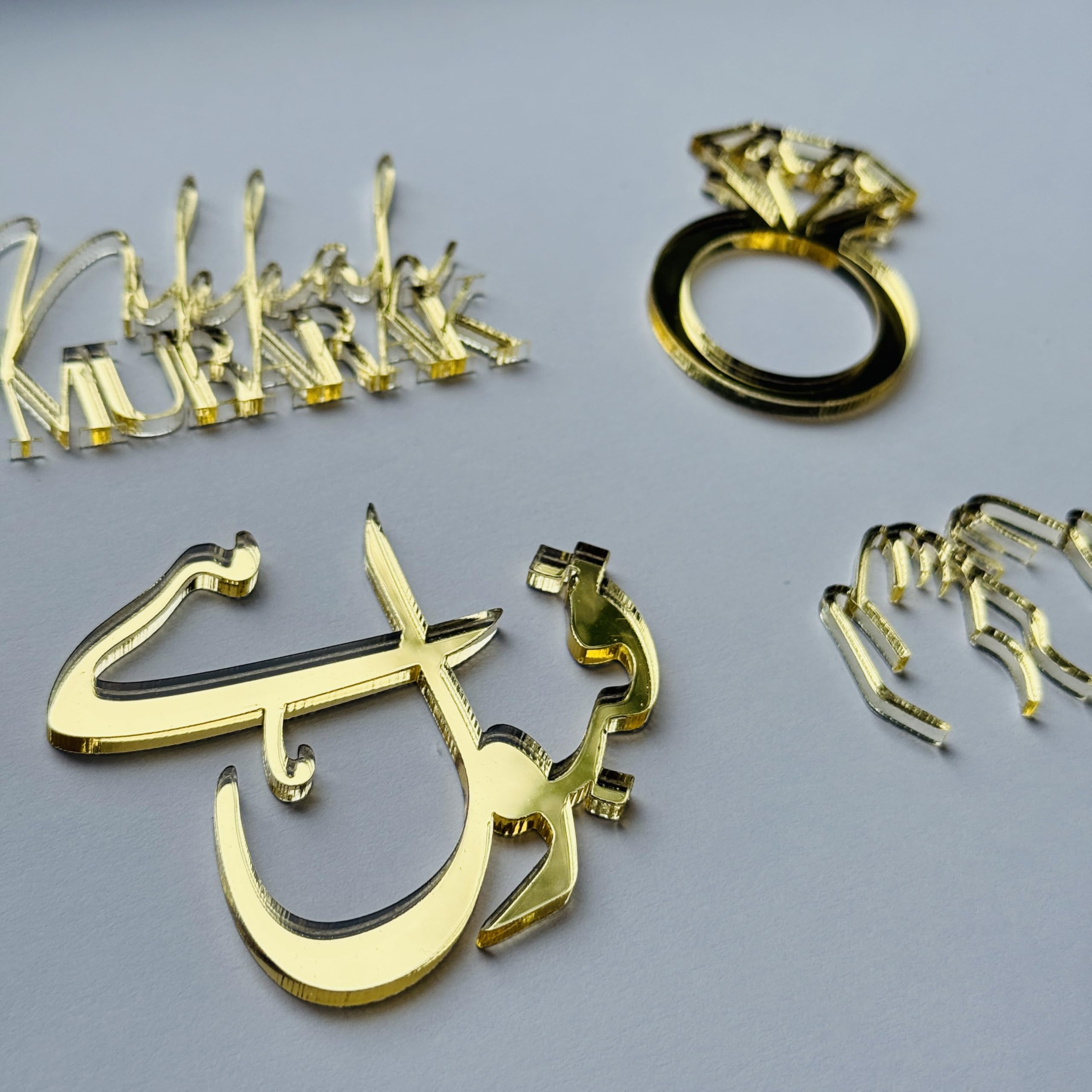 4Pcs Nikkah Mubarak Qabool Hair Bento Cupcake Acrylic Cake Charm Gold Mirror Laser Cut 3mm Thick Premium Quality Arabic Urdu Topper Islamic Wedding