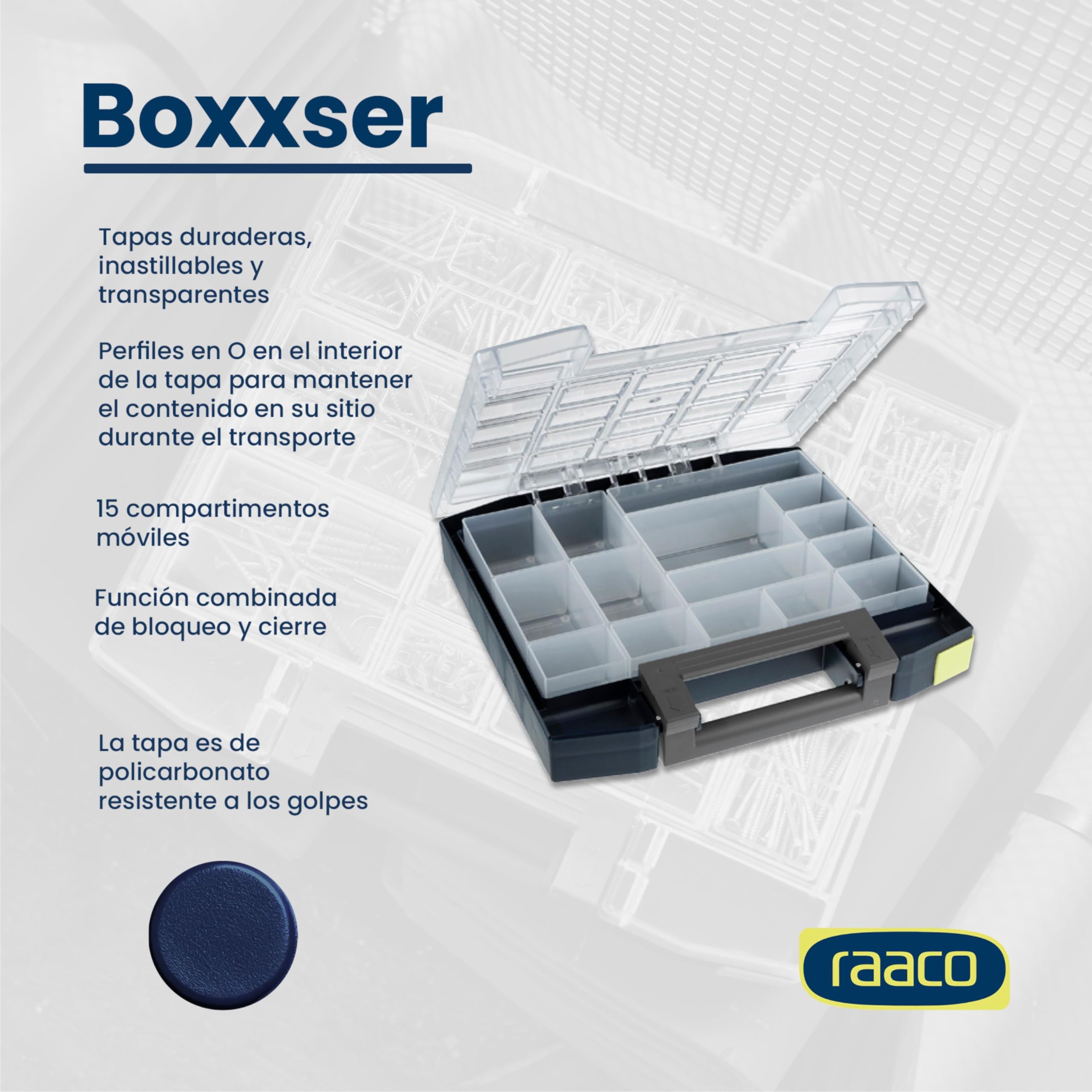 raaco Boxxser 55 5x5-15: Caja Organizadora de Tornillos Premium para Taller con 15 Compartimentos, Almacenaje Seguro, Portátil, 28,4 x 29,8 x 5,5 cm, Caja de Herramientas