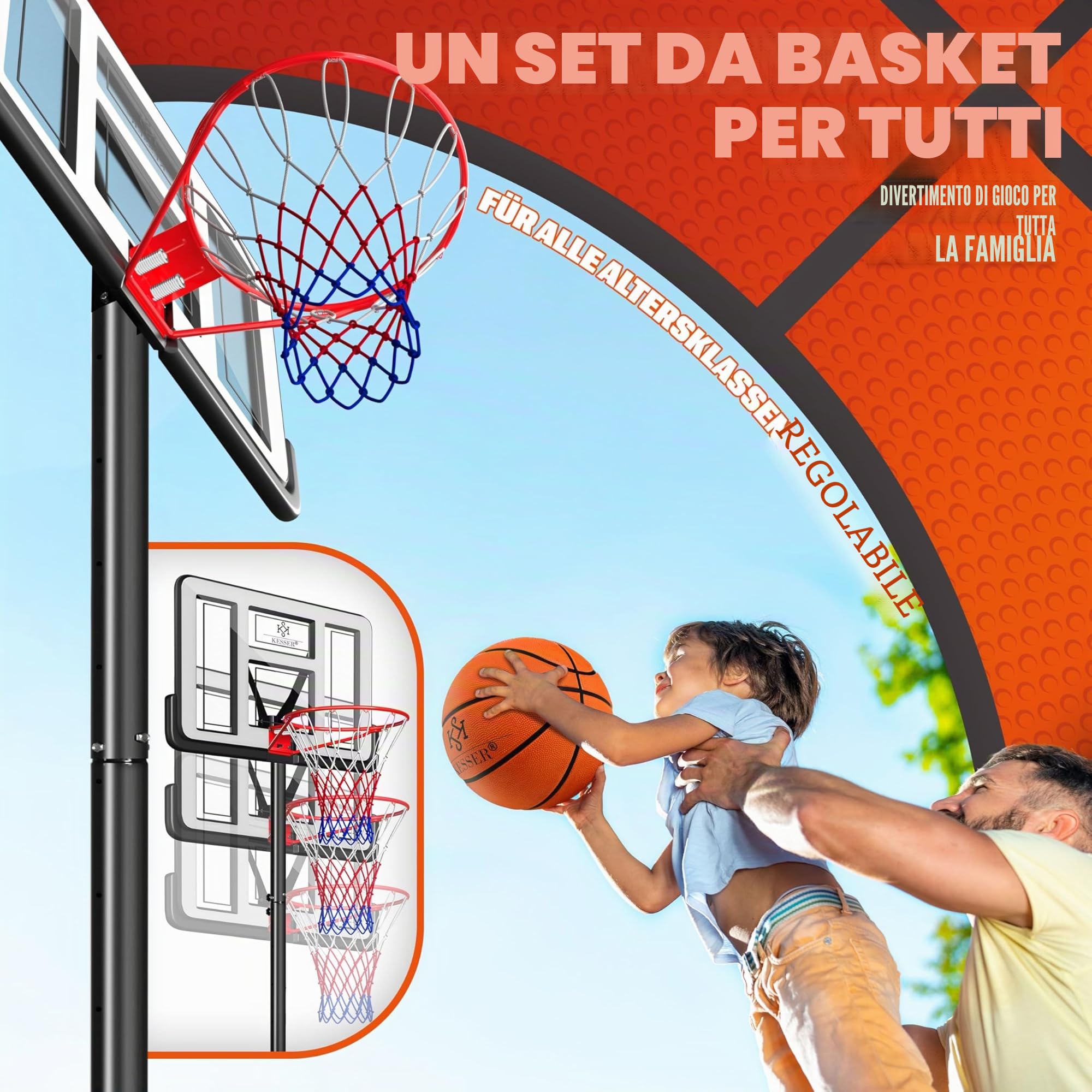 KESSER® Canestro di basket Premium con supporto e rotelle incl. pallone da basket + pompa; altezza canestro regolabile da 230 a 305 cm; impianto basket da esterno completo