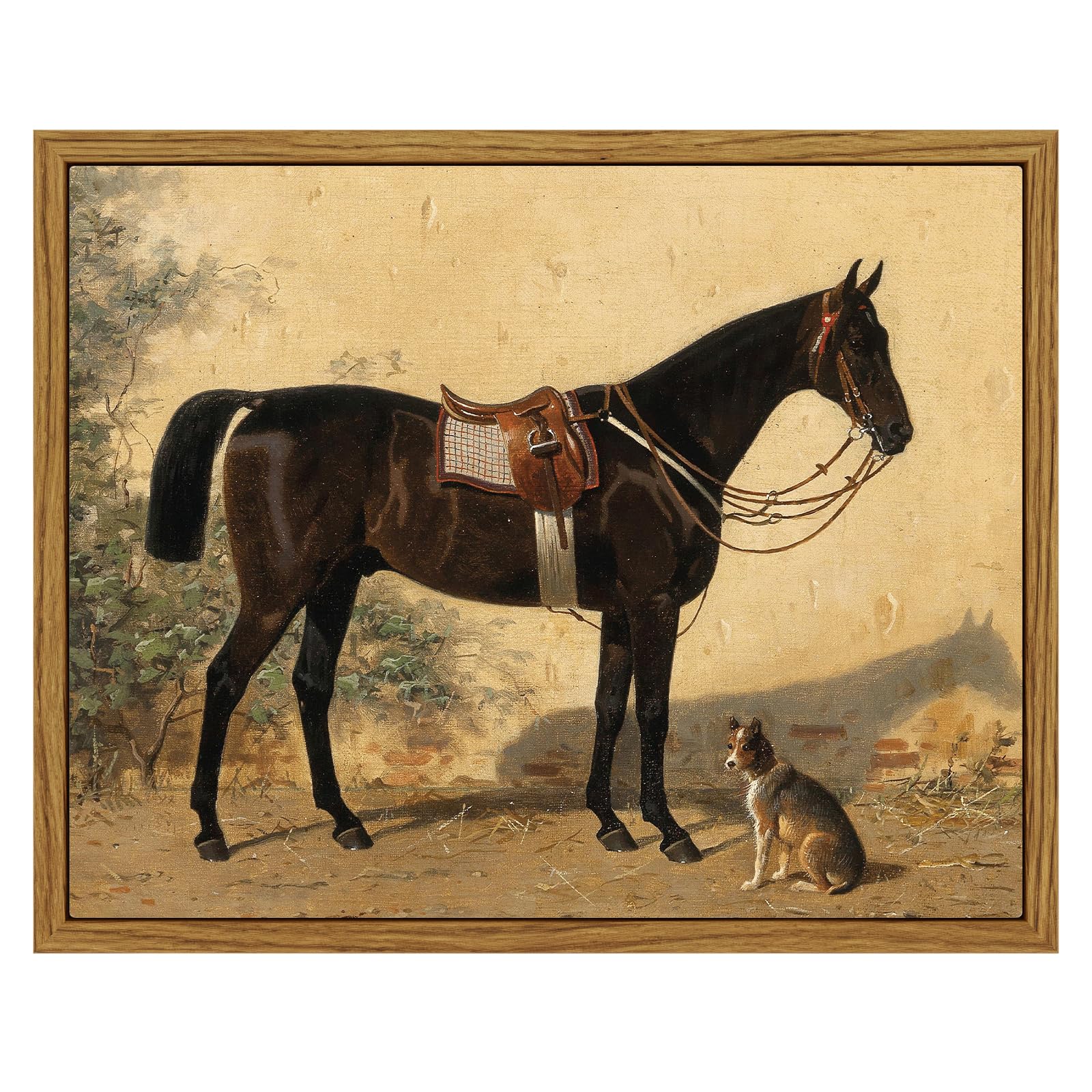 ARPEOTCY Framed Canvas Horse Wall Art, Horse and Dog Art Print for Home Decor, Rustic Farmhouse Country Shelf Wall Decor for Living Room, Bedroom, Bathroom, Office Aesthetic, 8x10 inch