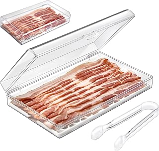 GlossyEnd Bacon Keeper Storage Container with Tong, Deli Meat Storage Container with Perforated Tray for Freshness, Clear Durable Plastic - Dishwasher and Freezer Safe - Size: 11” x 6.5” x 2”