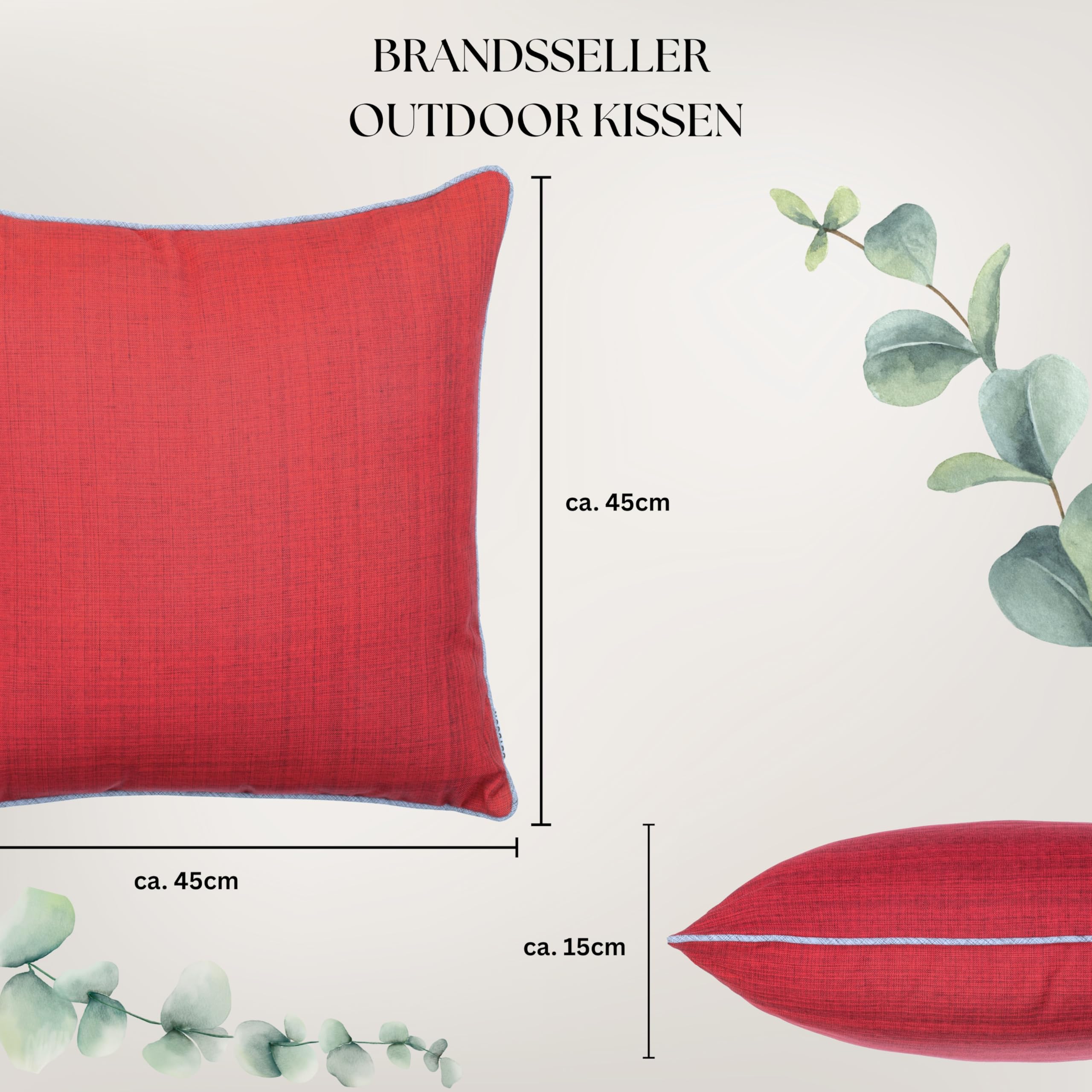 Brandsseller Lot de 4 Coussins d’extérieur 45x45x cm – Coussins décoratifs imperméables avec Passepoil en aspect Lin – Résistants aux intempéries pour Jardin, Balcon, Terrasse et Canapé - Rouge