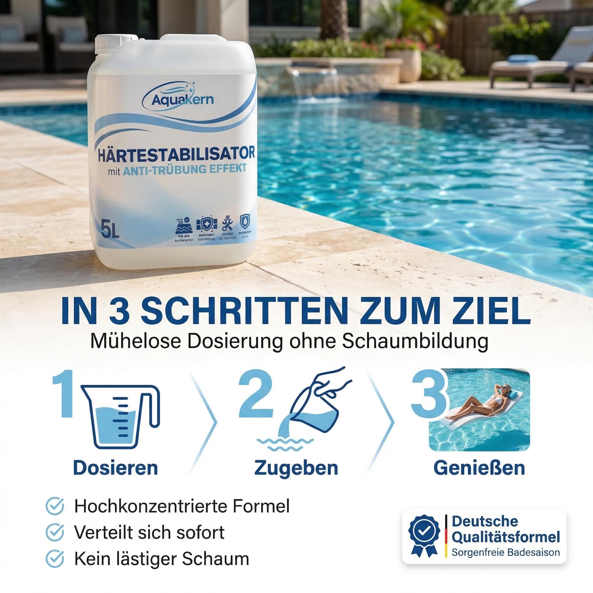 Härtestabilisator Pool 5L [entfernt Kalkablagerungen] mit Anti-TRÜBUNG-Effekt | Schützt die Pooltechnik | bindet Calcium & Metallionen im Wasser | Kalkentferner Pool | Made in Germany
