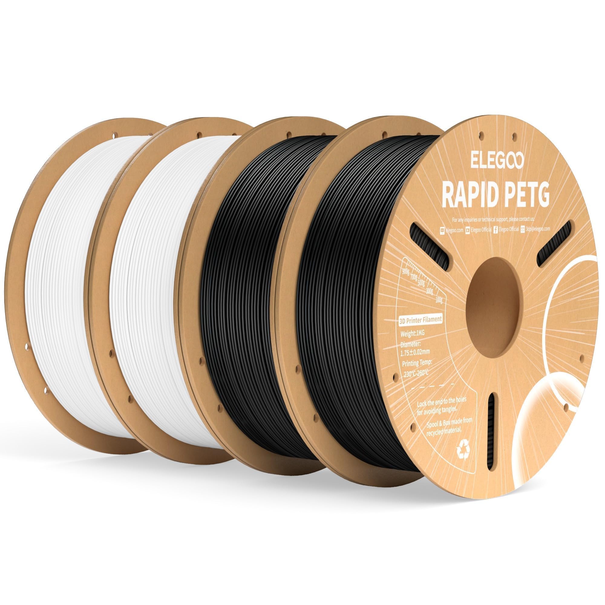 ELEGOO Rapid PETG 3D Printer Filament 1.75mm Black/White 4 Pack Bundle | Up to 600mm/s High Speed, Enhanced Toughness, Neatly Wound, Reduced Stringing, +/-0.02mm Accuracy, 1kg Spool 3D Filament