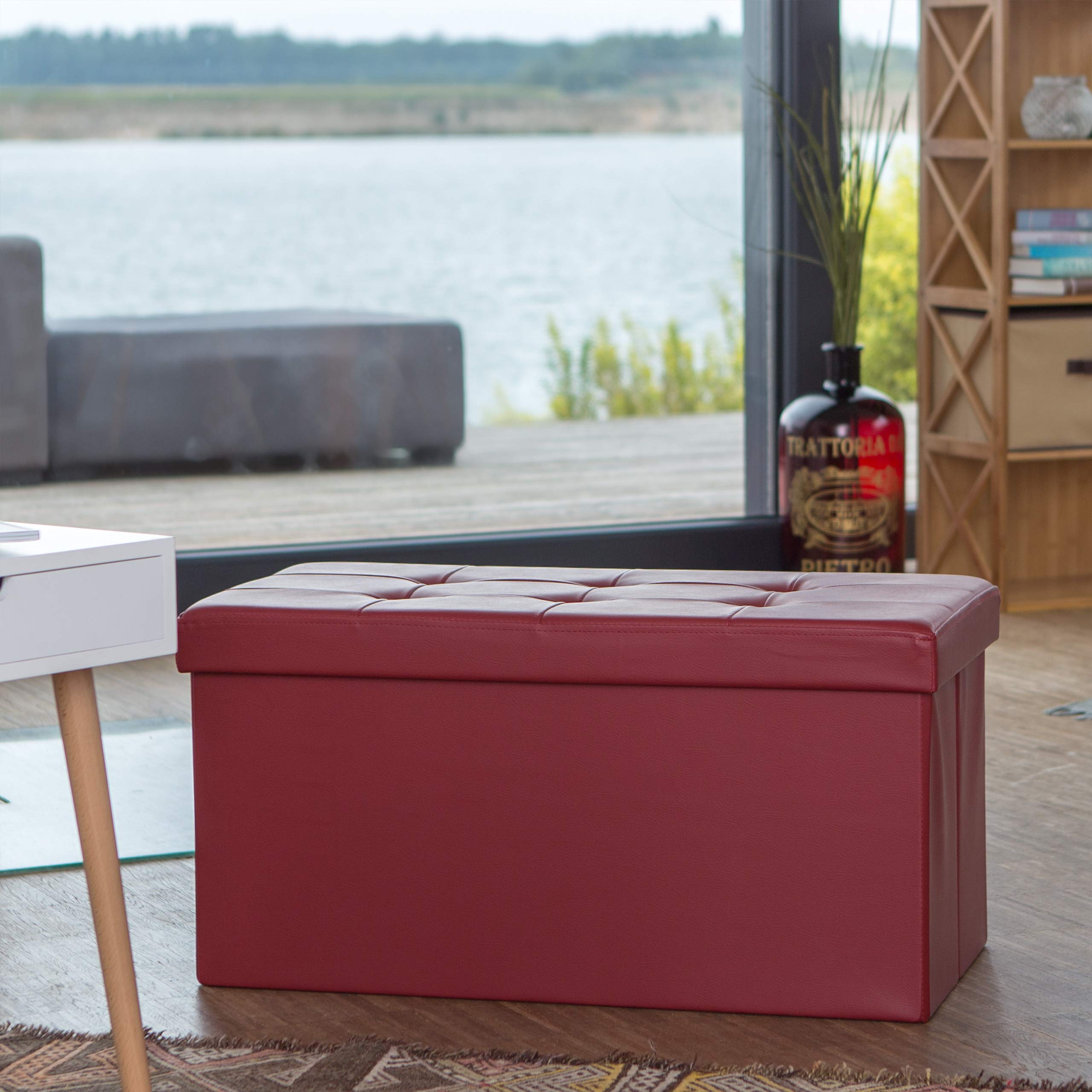 Relaxdays Cassapanca Contenitore, Pouf Pieghevole in Similpelle, HxLxP 38 x 76 x 38 cm, Panca con Coperchio, Rosso Scuro