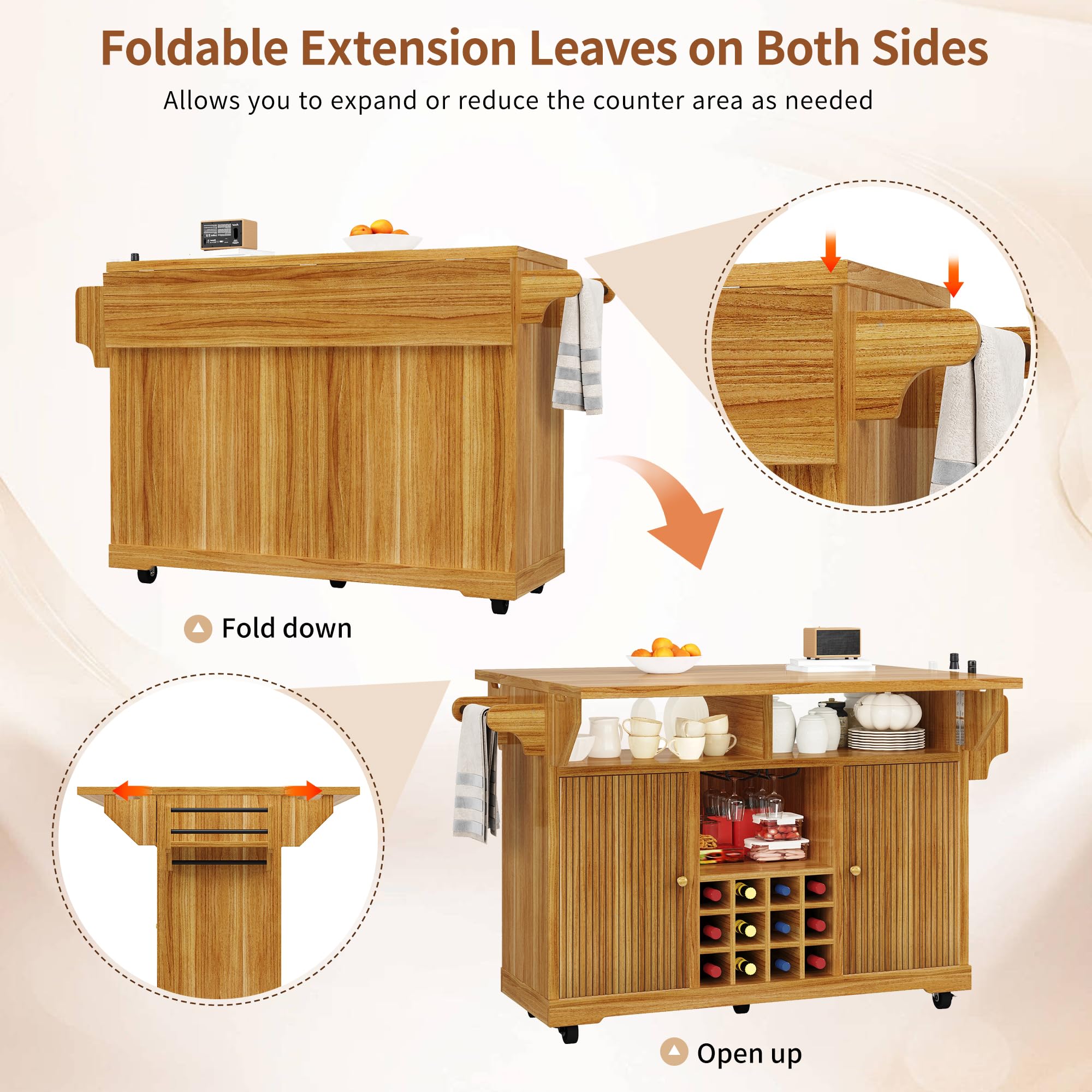 REXO Carrello da portata multifunzione, carrello da cucina con vano portaoggetti, ripiani regolabili, portabottiglie di vino, tavolino mobile per sala da pranzo, soggiorno, balcone, marrone scuro