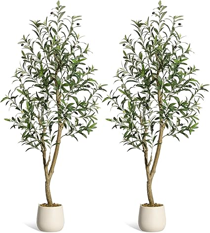 GarveeHome Olive Trees Artificial Indoor, 5ft Tall Faux Silk Plant - Fake Potted Tree with White Planter, Artificial Plants with Natural Wood Trunk and Lifelike Fruits for Home Office Decor, 2 Pack