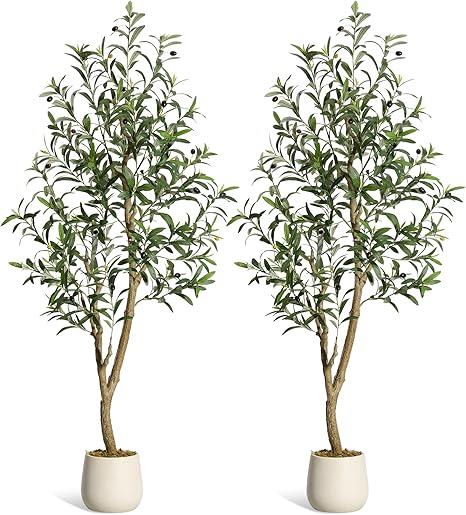 GarveeHome Olive Trees Artificial Indoor, 5ft Tall Faux Silk Plant - Fake Potted Tree with White Planter, Artificial Plants with Natural Wood Trunk and Lifelike Fruits for Home Office Decor, 2 Pack