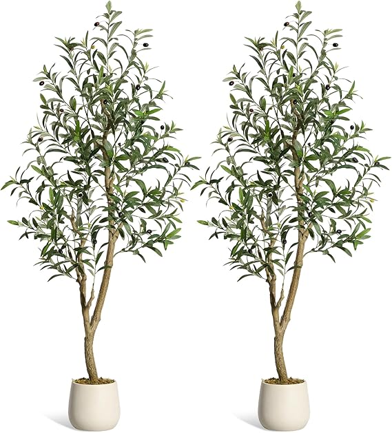 GarveeHome Olive Trees Artificial Indoor, 5ft Tall Faux Silk Plant - Fake Potted Tree with White Planter, Artificial Plants with Natural Wood Trunk and Lifelike Fruits for Home Office Decor, 2 Pack