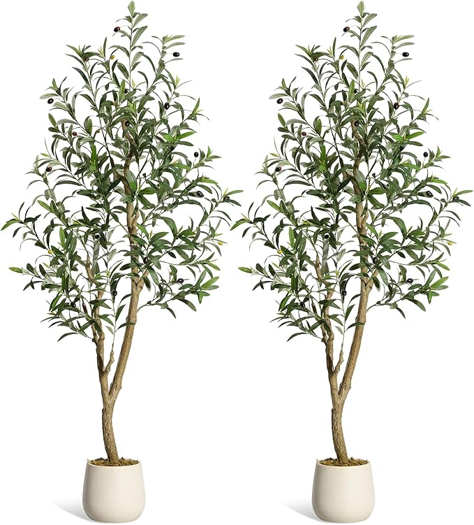 GarveeHome Olive Trees Artificial Indoor, 5ft Tall Faux Silk Plant - Fake Potted Tree with White Planter, Artificial Plants with Natural Wood Trunk and Lifelike Fruits for Home Office Decor, 2 Pack