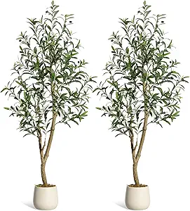 GarveeHome Olive Trees Artificial Indoor, 5ft Tall Faux Silk Plant - Fake Potted Tree with White Planter, Artificial Plants with Natural Wood Trunk and Lifelike Fruits for Home Office Decor, 2 Pack