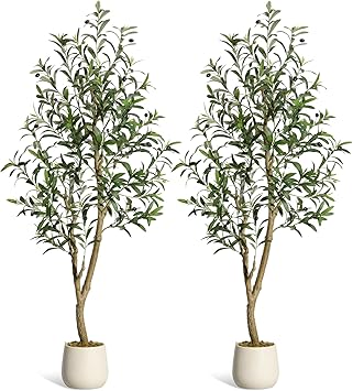 GarveeHome Olive Trees Artificial Indoor, 5ft Tall Faux Silk Plant - Fake Potted Tree with White Planter, Artificial Plants with Natural Wood Trunk and Lifelike Fruits for Home Office Decor, 2 Pack