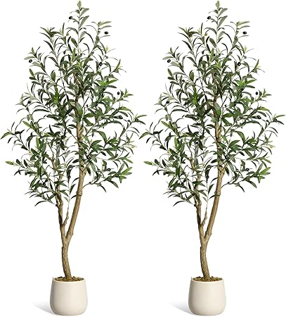 GarveeHome Olive Trees Artificial Indoor, 5ft Tall Faux Silk Plant - Fake Potted Tree with White Planter, Artificial Plants with Natural Wood Trunk and Lifelike Fruits for Home Office Decor, 2 Pack