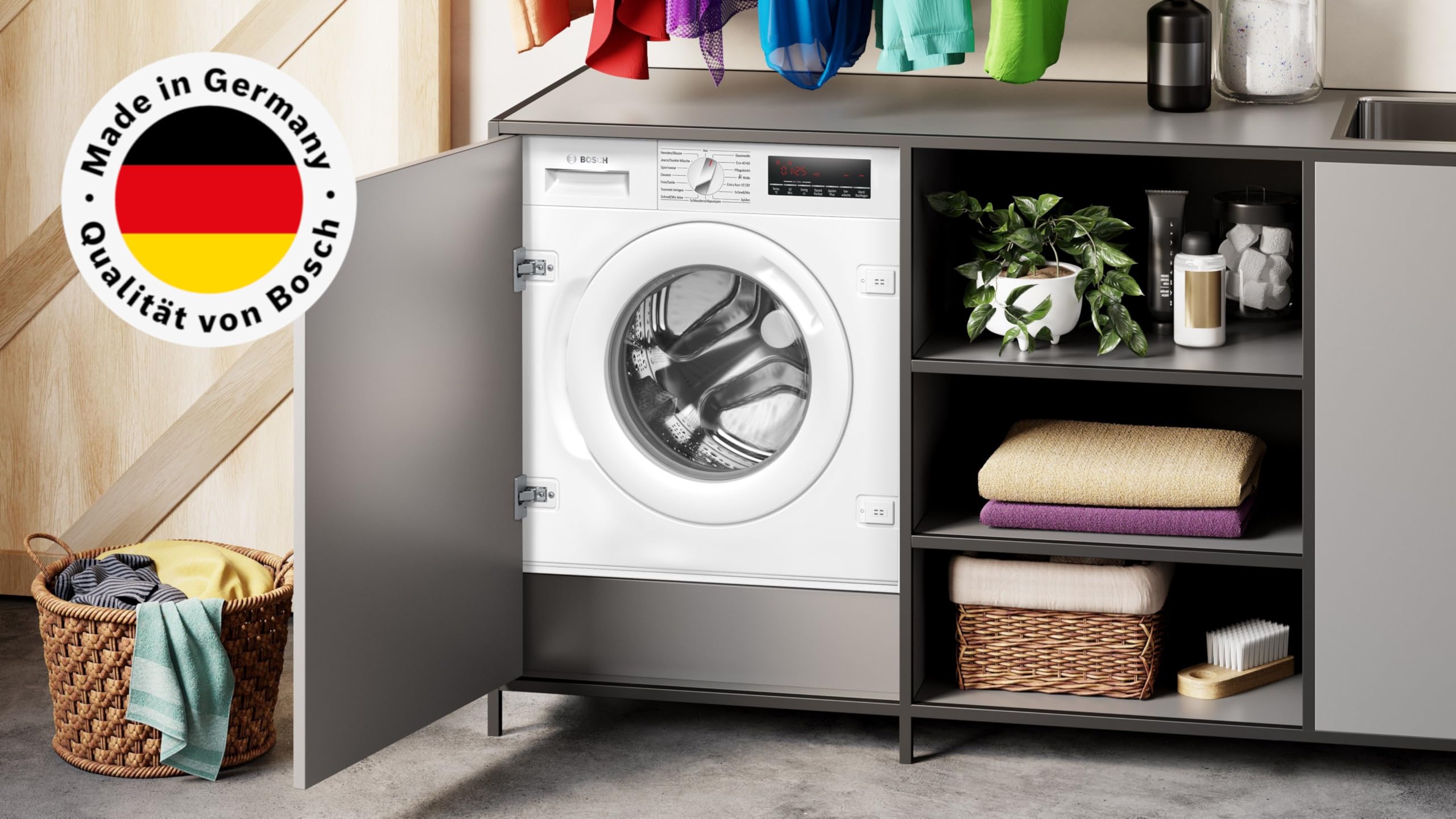 Bosch Serie 8 Vollintegrierbare Waschmaschine 8 kg 1400 UpM WIW28443 | Made in Germany, vollintegriertes Design, Time Light Restlaufzeit-Projektion auf den Boden, leiser Motor, AquaStop