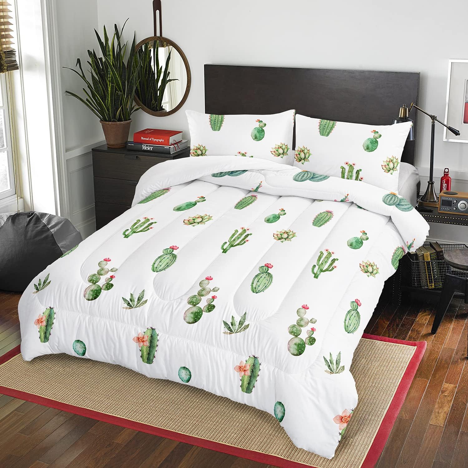 AILONEN Cactus Printed Comforter Set Full Size, Green Plants Succulents Theme Bedding Set for Girls Kids Bedroom Children Women,3 Pieces,1 Quilt and 2 Pillowcases,for All Seasons