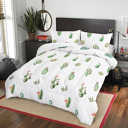 Miniatura 2 de AILONEN Juego de edredón con estampado de cactus, tamaño Queen, juego de ropa de cama con temática de plantas verdes y suculentas para niñas, niños