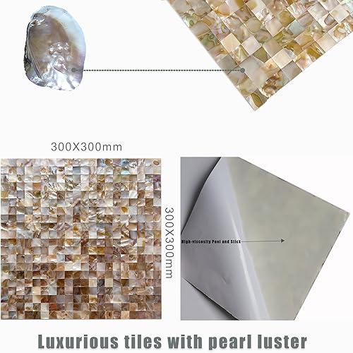 Miniatura 5 de Azulejo adhesivo sin costuras para despegar y pegar, concha de nácar para salpicaduras de cocina, metro sin lechada, 10 hojas de policromía