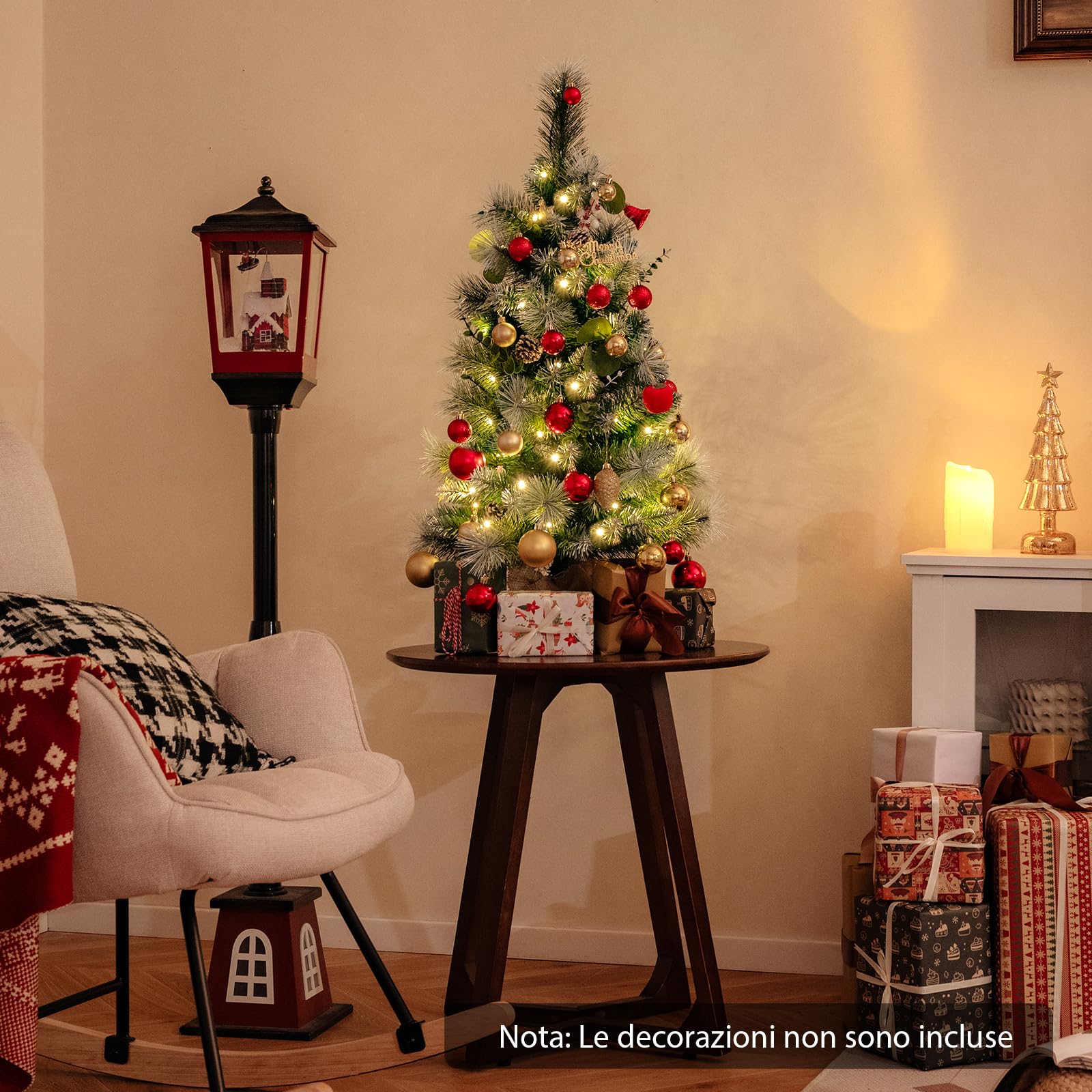 RELAX4LIFE Albero di Natale Innevato 90CM, Albero da Tavolo con 30 Luci LED Bianche Calde e 98 Foglie in PVC e Pino, Bacche e Pigne, 8 Modalità, Timer, Decorazione Natalizia per Casa e Negozio