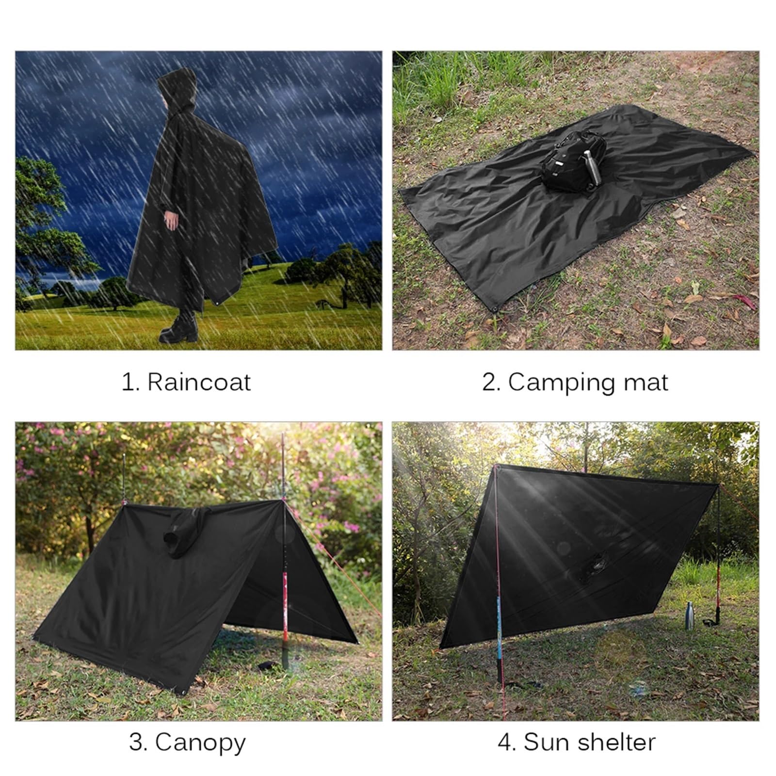 Poncho De Lluvia Poncho de Lluvia Impermeable 3 en 1, Abrigo Ligero con Capucha for la Lluvia, Estera de Picnic, Manta, Refugio Solar for Acampar al Aire Libre, Ciclismo y Escalada(Black)