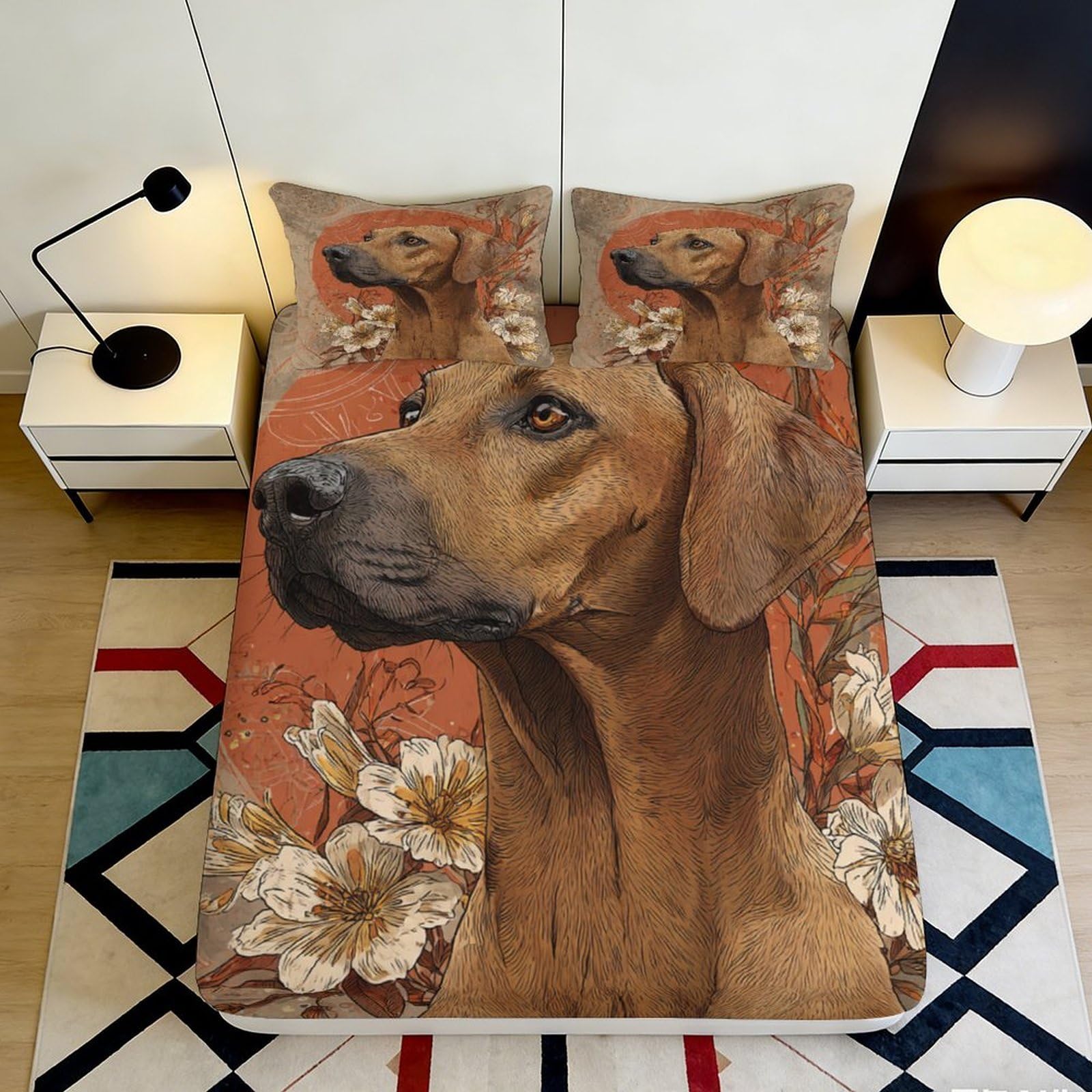 3D Printed Brown Dog Floral Fitted Sheet Microfiber Soft Mattress Cover Anti-Slip Bedroom Decor Easy Care for All Ages 90x200x25cm