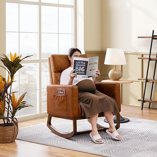 Miniatura 4 de Topeakmart Mecedora para guardería, silla moderna de piel sintética con patas de madera, bolsillo lateral, mecedora para guardería, sala de estar,