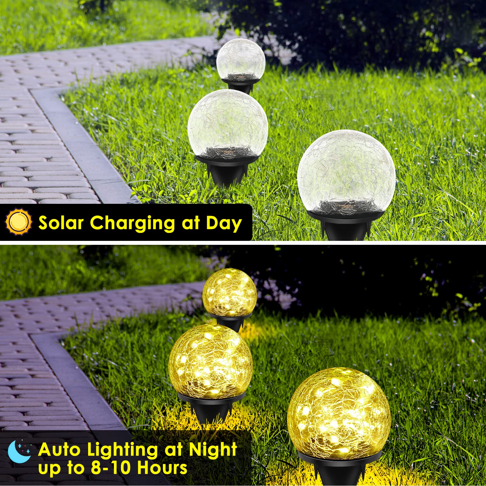Confezione da 2 50 luci solari a LED da giardino, decorazione per esterni, in vetro incrinato, impermeabili, luce bianca calda, per cortile, sentiero, patio, prato, Halloween, Natale,
