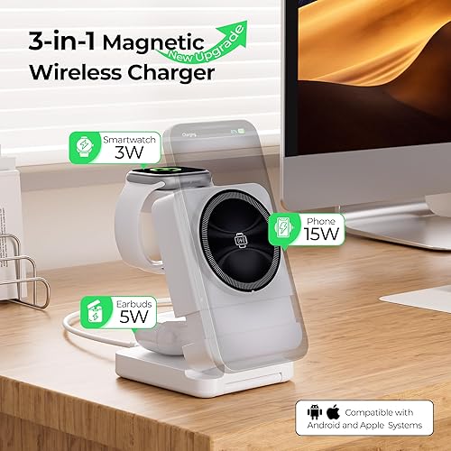 Miniatura 2 de Cargador inalámbrico 3 en 1, estación de carga inalámbrica plegable, soporte de cargador magnético de viaje, estación de carga de 15 W para iPhone