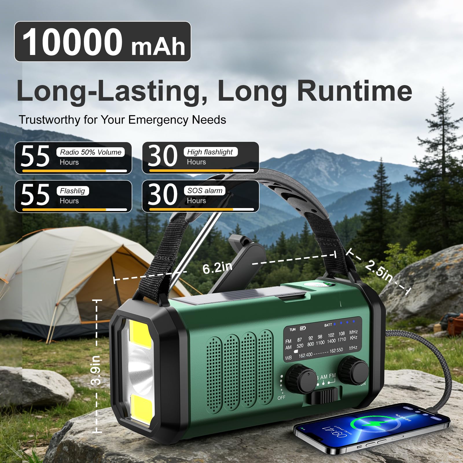 Leaton Notrufgerät mit Handkurbel, NOAA Wetterradio AM/FM, 10.000 mAh | Solar-Powerbank, wiederaufladbar, batteriebetrieben, USB-C-Ladegerät, Taschenlampe, SOS-Alarm, für Camping, Survival-Notfälle