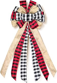 Large Christmas Tree Topper 13 x 30 Inch Red and Black Burlap Buffalo Plaid Bow Rustic Farmhouse Holiday Decoration for Wreaths, Garlands, Front Door, and Outdoor Decor