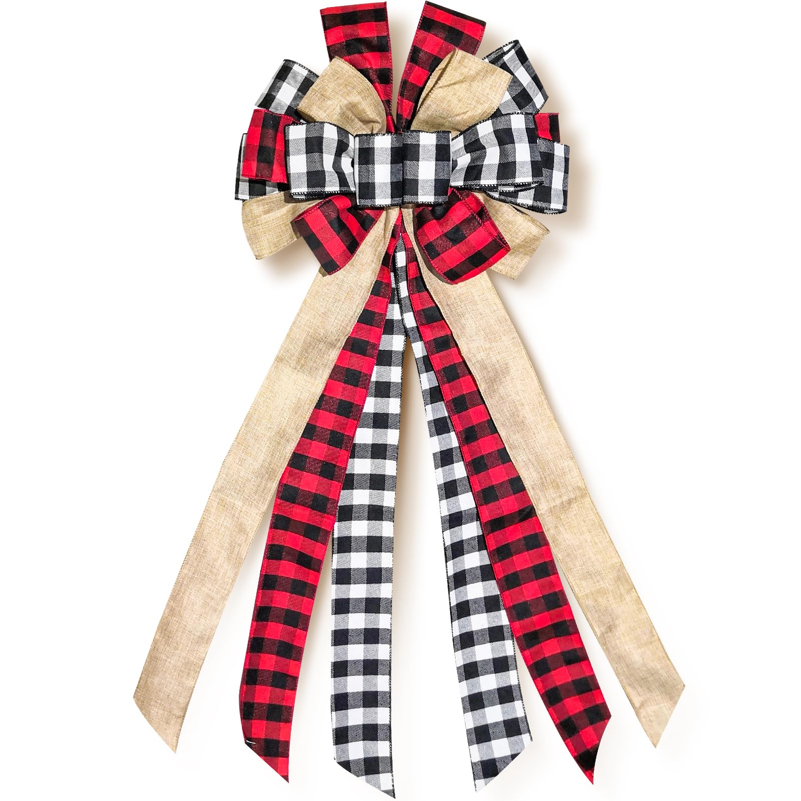 Large Christmas Tree Topper 33 × 76.2 cm Red and Black Burlap Buffalo Plaid Bow Rustic Farmhouse Holiday Decoration for Wreaths, Garlands, Front Door, and Outdoor Decor