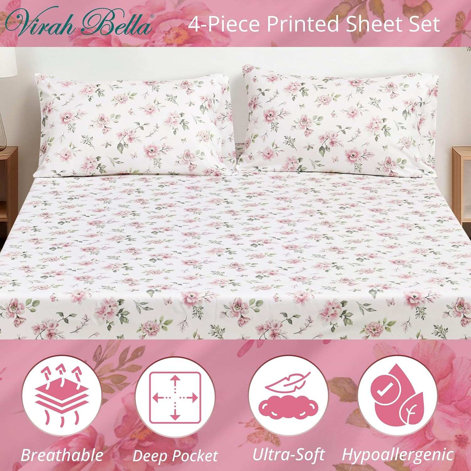 Virah Bella 4-Piece King-Size Printed Microfiber Bed Sheet Set - Peony Garden - Vintage