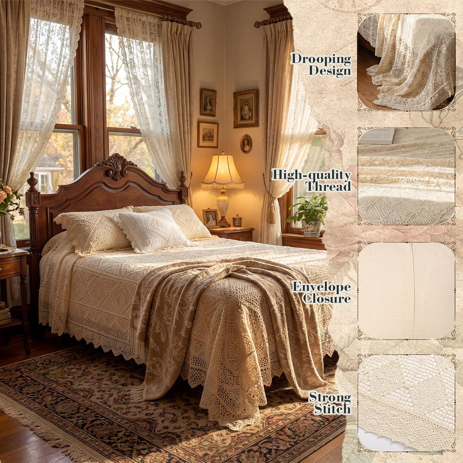 Tigeen Large Vintage King Bedding Set Crochet Linen Bedspread 106 x 110 Inches 1 Pcs Floral Beige Lace Blanket for Bed Spread with 2 Pcs Pillowcases, Gifts for Woman