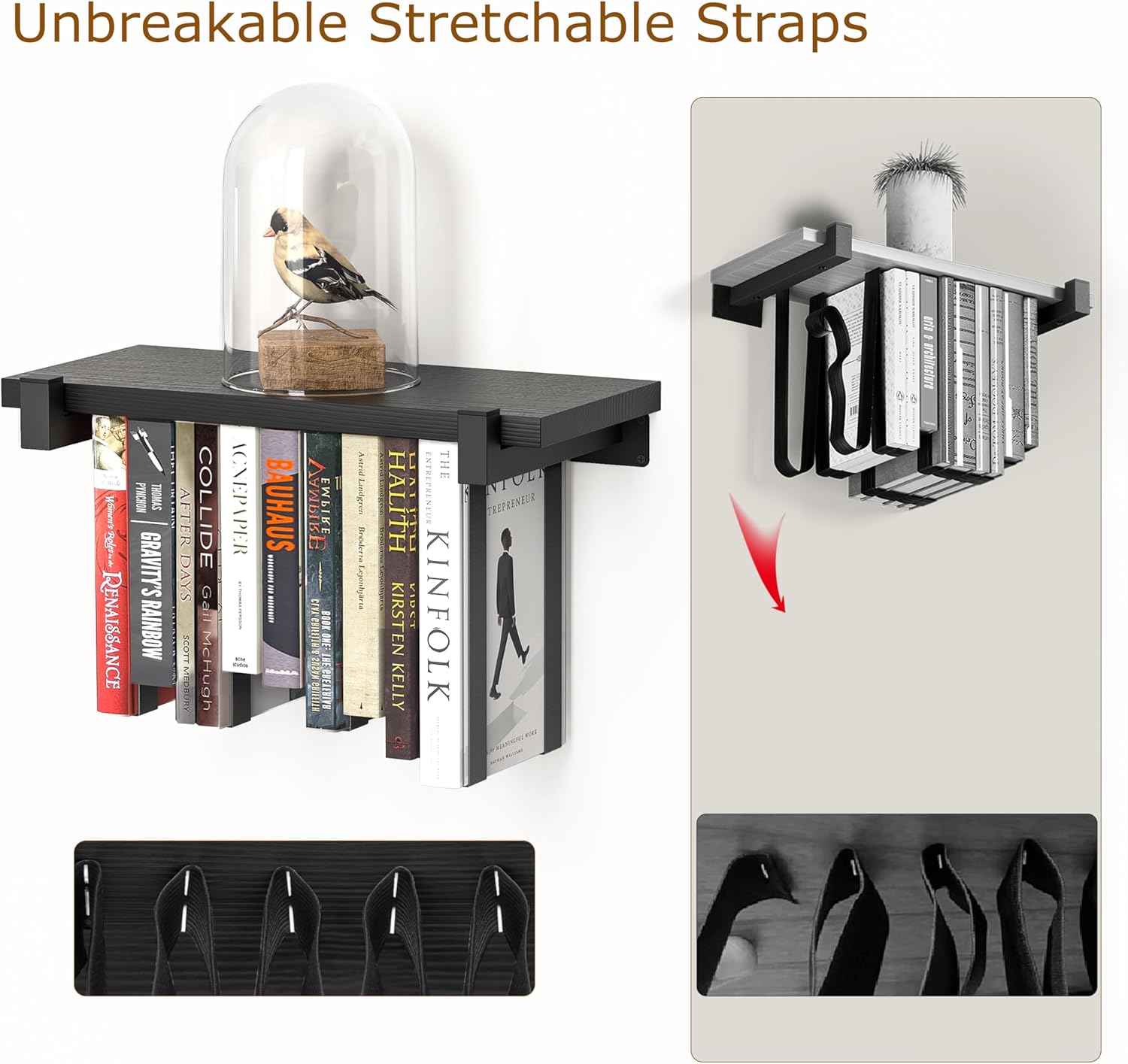 NANATI 2 Set of Floating Bookshelf, Pine Wood Invisible Bookshelf, Hanging Bookshelves for Wall, Unique Space Saving Wall Bookcase, New Black (16.5L×8.7W×1.5H)