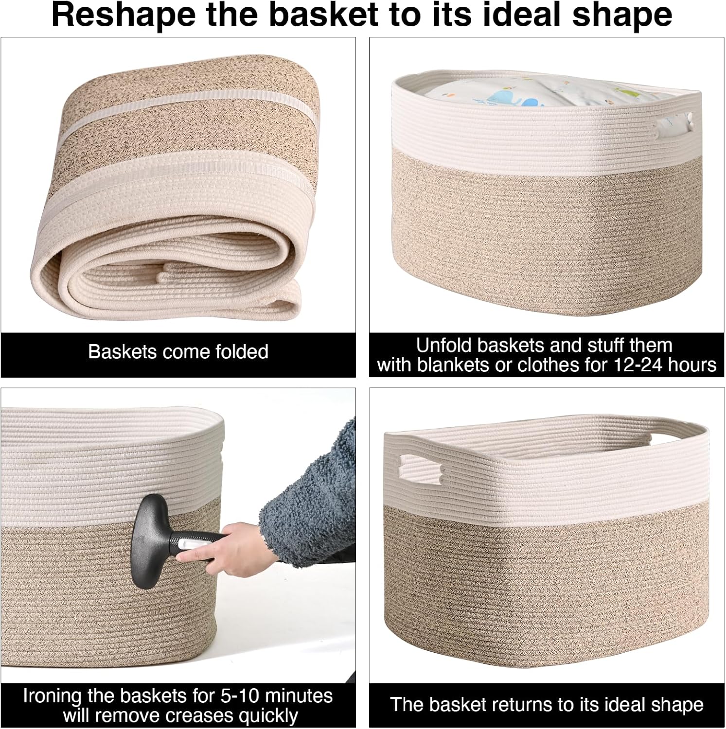 Extra Large Blanket Basket for Living Room, Rectangle Woven Cotton Rope Storage for Blankets, Toys, Clothes, Shoes, 25”x16”x16”, Off White & Brown, 108L