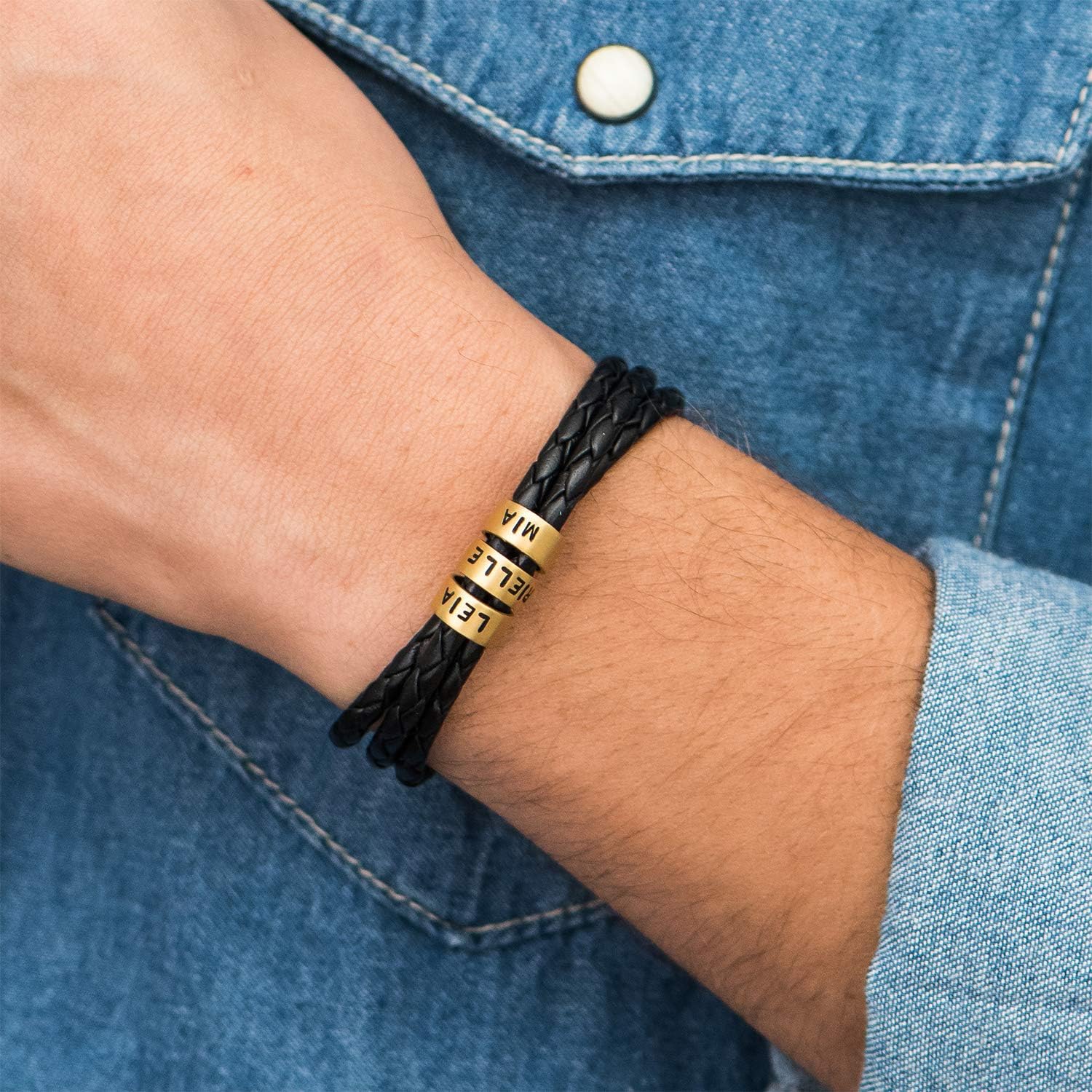 MyNameNecklace Personalized Braided Leather Bracelet with Silver or Gold Beads for Him, Men - Custom Gift for Father's Day - Genuine Leather - Engraved Sterling Silver or 14K Solid Gold Beads