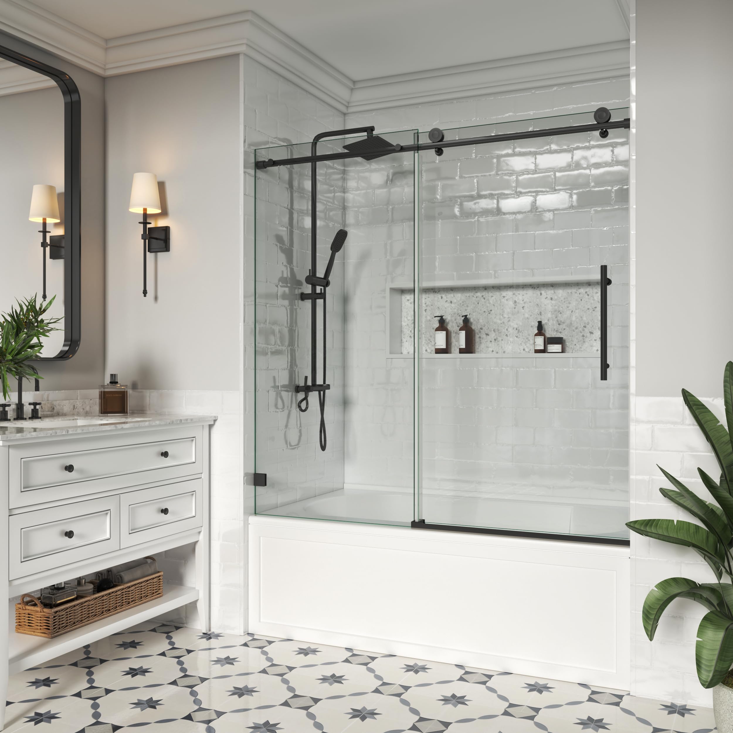 Bathtub Shower Door, 57"- 60" W x 60" H, Single Sliding Soft-Close Shower Door, SGCC Certified 5/16" (8 mm) Clear Tempered Glass, Matte Black Finish