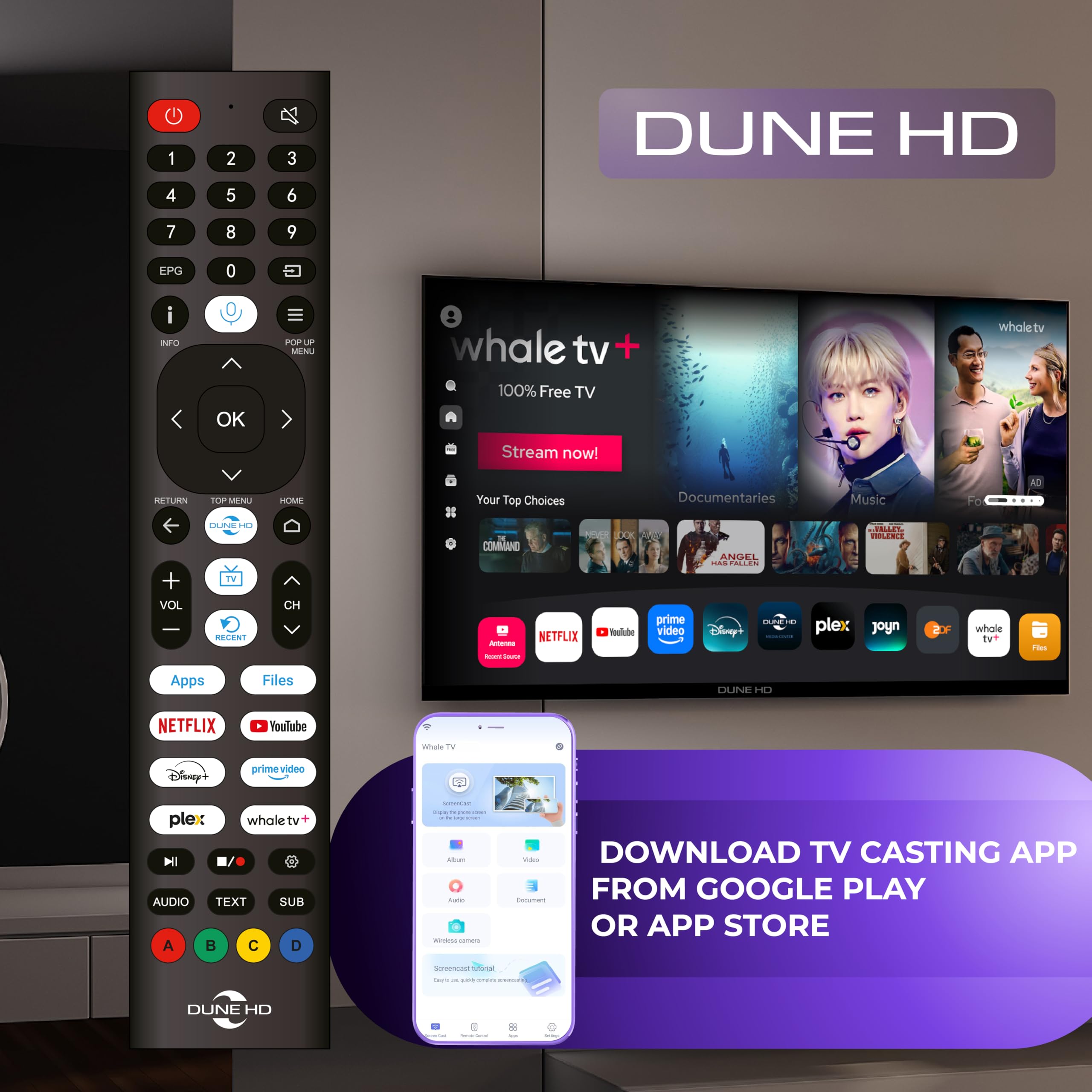 Dune HD Smart TV 55" (2026), QLED 4K UHD Quantum Dots, HDR10 HLG, Whale OS Android, 2+16, Trois Tuners DVB-T/T2/S/S2/C + TV analogique, Contrôle Vocal, AirPlay, Miracast (55, Pouces)