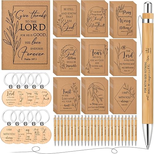 Juego de 30 regalos cristianos a granel, bloc de notas con versículos de la Biblia, mini cuaderno inspirador, bolígrafos retráctiles de bambú,