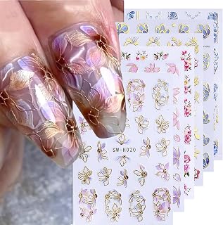 6 Sheets Flower Nail Art Stickers Decals 3D Self-Adhesive Embossed Gold Edge Flowers Nail Stickers Summer Petals Flowers Leaves Nail Decals Supplies for Women DIY Summer Manicure Decorations