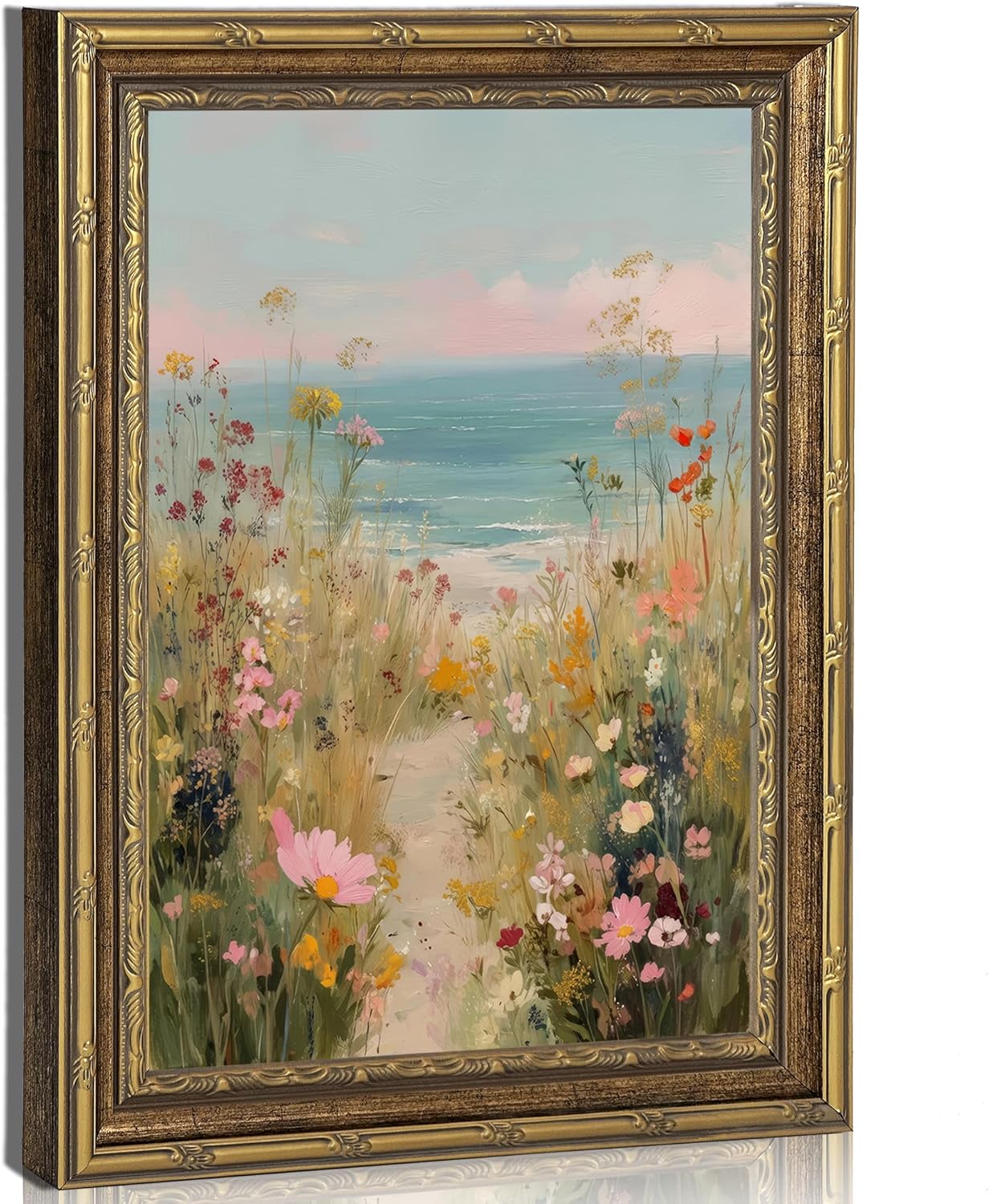 Vintage Wall Art Framed, Coastal Wildflower Path Landscape Painting, Vintage Gold Framed Picture Poster Prints Artwork for Home Wall Decor 12x16Inch