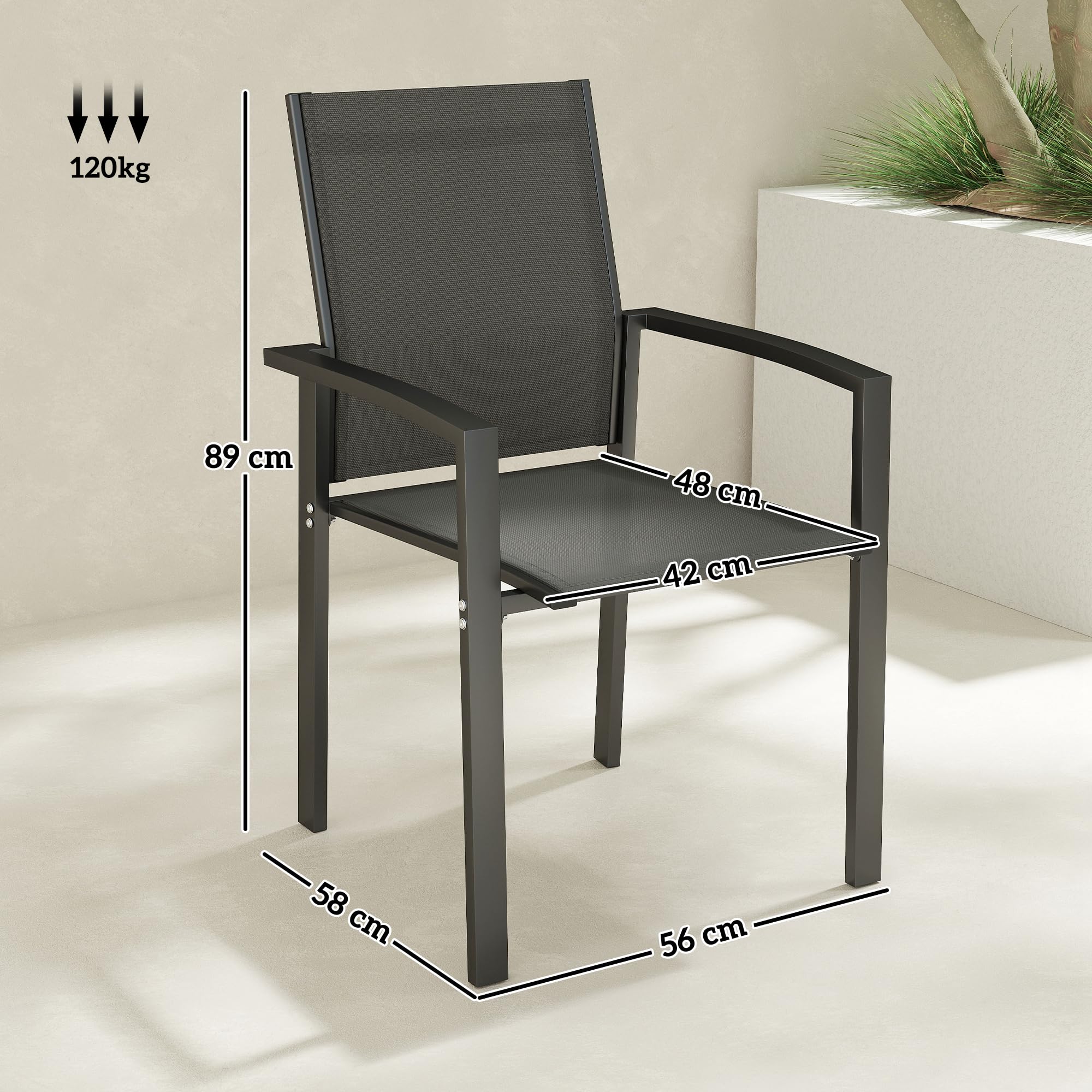 Outsunny Lot de 2 chaises de Jardin chaises empilables d'extérieur Respirant avec accoudoirs, en Aluminium et textilène pour Jardin, Piscine, terrasse, Gris foncé