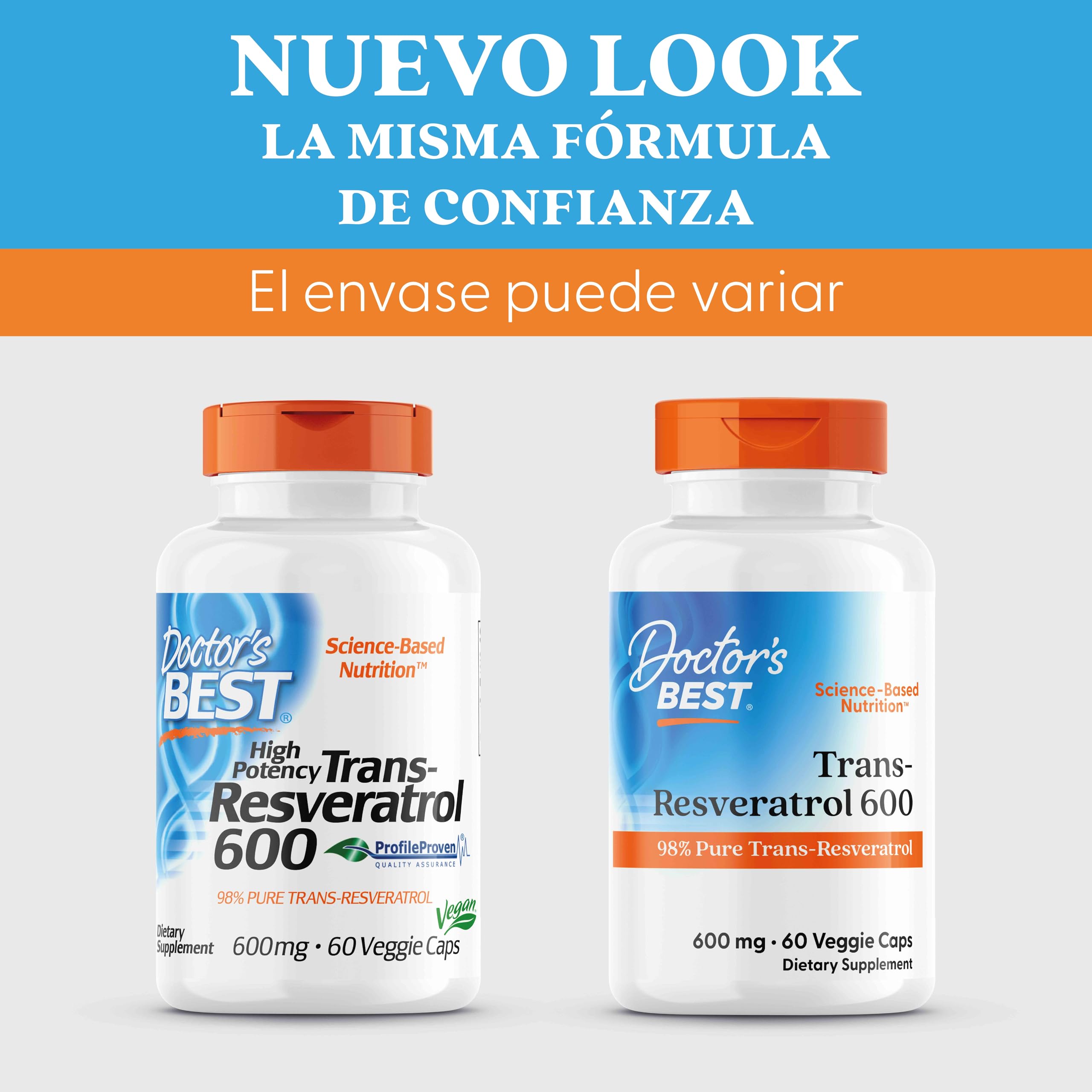 Doctor's Best, Trans-Resveratrol de Alta Potencia, 600mg, 60 Cápsulas veganas, Probado en Laboratorio, Sin Gluten, Sin Soja, Vegetariano